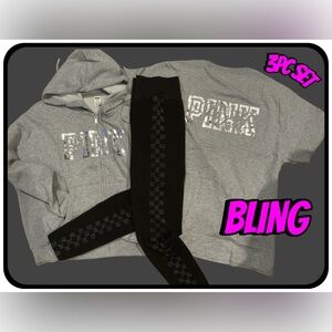 NEW VICTORIAS SECRET PINK BLING HOODIE, TEE SHIRT & LEGGINGS RHINESTONE 3PC SET